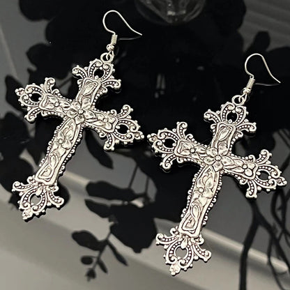 Vintage Cross Earrings Necklace for Women Christ Dangle Earrings Gothic Punk Dangle Drop Necklace Men Girl Grunge Hoop Jewelry