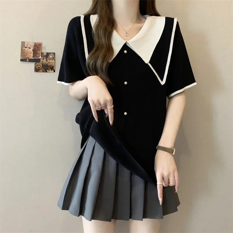 Plus Size Summer Knitted Short Sleeve T-Shirt Double Collar Polo Neck Loose Fit Meat Concealing Top for plus Size Women
