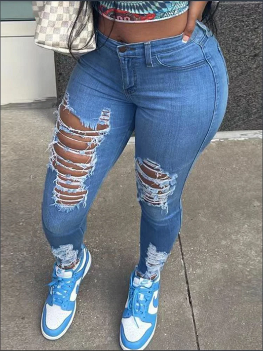 Women's Pocket Ripped Pants High Street Fashion Casual Autumn Solid Color Personalized jeans Blue