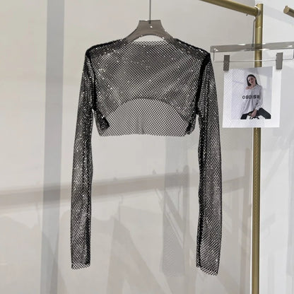 2023 new sexy bright diamond short top Slim thin Ms. hot drill long-sleeved T-shirt sexy leak waist nightclub Mineral-Black One Size