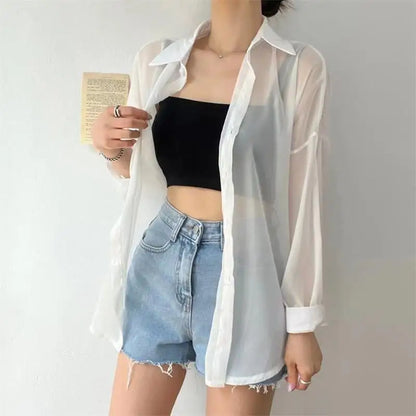 7 Colors Shirts Women Sheer Thin Chic Summer Simple Solid Sun-proof Tops Fashion Baggy All-match Basic Korean Style Sexy Clothes White One Size