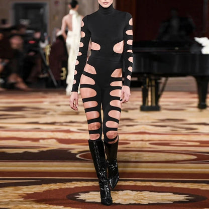 OMSJ Asymmetric Hot Girl Personality Set Hollowed Out Design Long Sleeve High Collar Bodysuit+Elastic Waist Leggings Pants Party