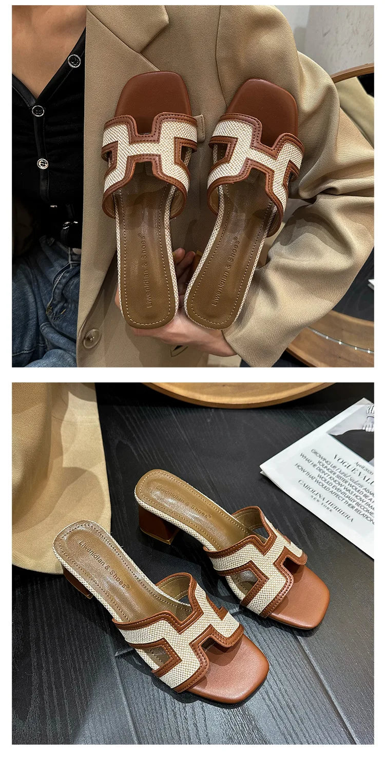 2025 Summer new arrival,fashion style grids high heel slippers for woman,thick heel outwear beach sandals for women