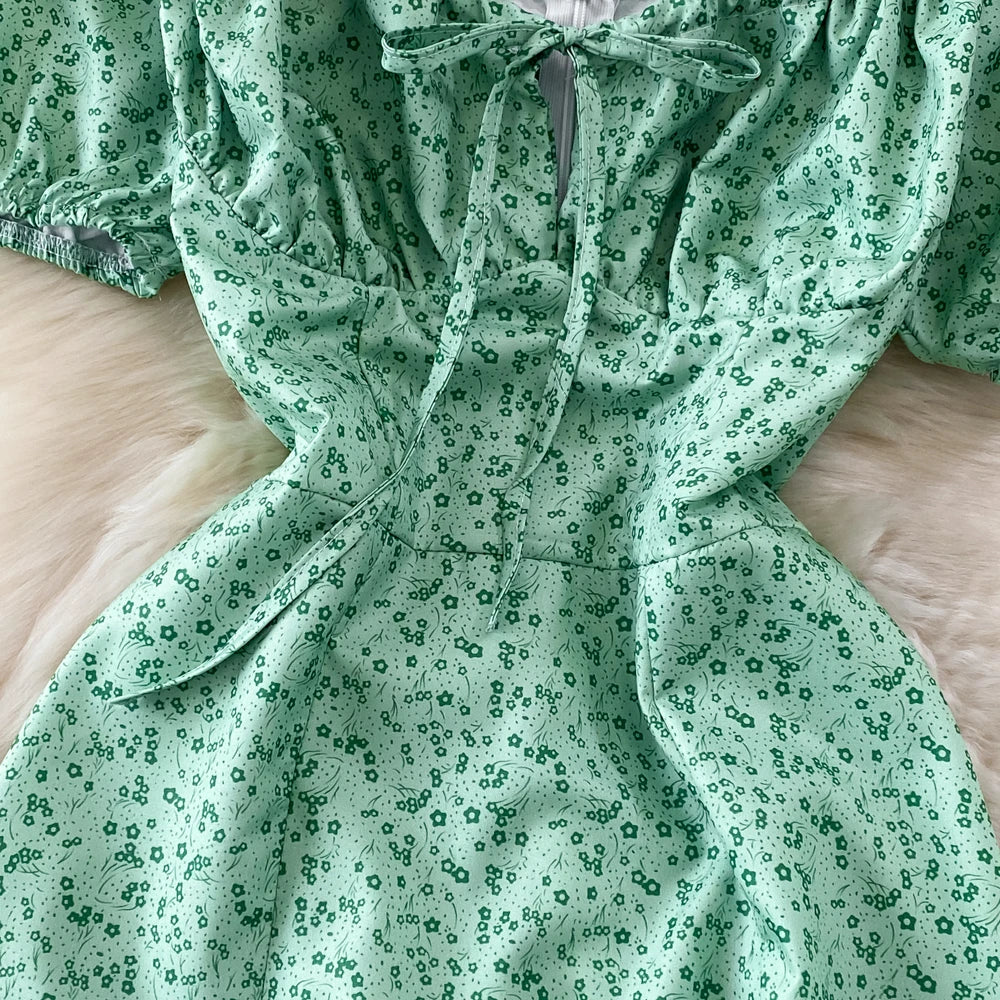 Summer Vintage Dress Blue Floral Summer Bubble Sleeve Tie Up Sexy Dresses Women A-line Print Split Long Dress Elegant Vestidos