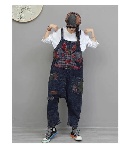 Heavy Embroidery Patch High Waist Overalls Women Autumn Fashion Stylish Loose Jumpsuit LX4372 Badiee Stylez