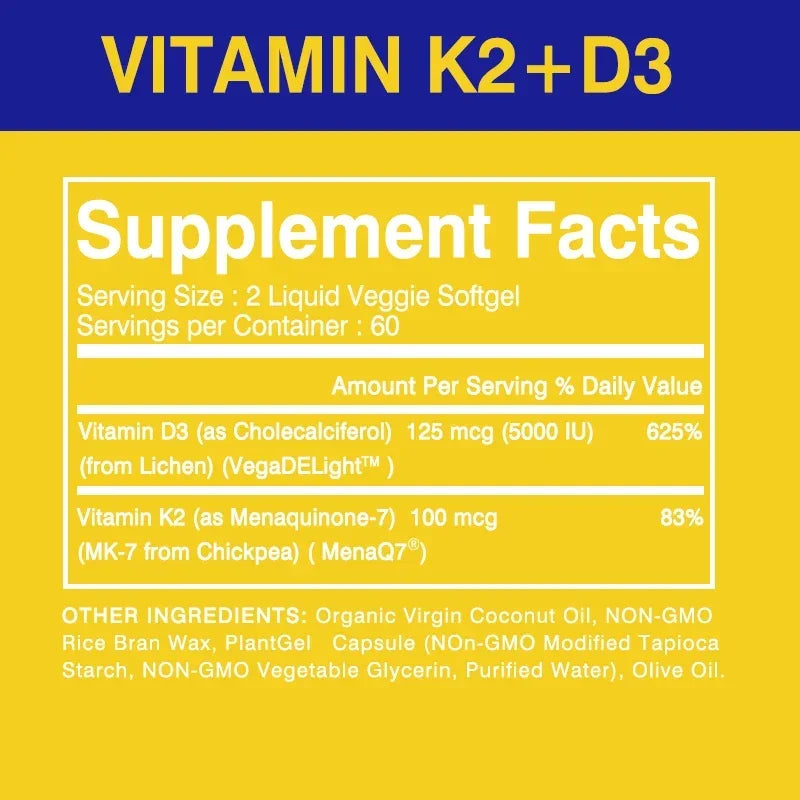 Vitamin D3+K2 Supplement 5000IU Vitamin D3 and K2 (MK-7) Capsules for Bone, Heart, Muscle, Immune Support