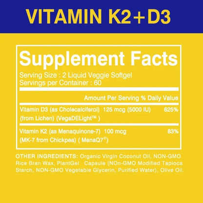 Vitamin D3+K2 Supplement 5000IU Vitamin D3 and K2 (MK-7) Capsules for Bone, Heart, Muscle, Immune Support