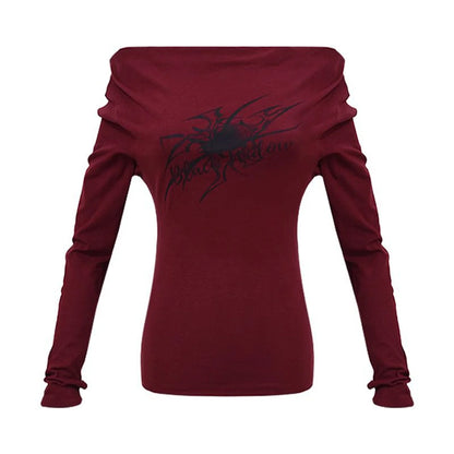 Gothic Print Grunge T-Shirts Women Long Sleeve Off the Shoulders Tops Y2K Clothes Streetwear Shirt Korean Style Vintage Crop Top