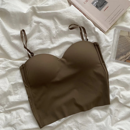 1pc Popular Cool Solid Knitted Yoga Gym Tank Top Bra Seamless Skin-Friendly U-Back Vest with Fixed Chest Pad Suspender for Women Chocolate One Size