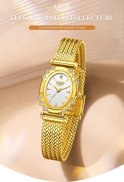 LIGE 2025 New Gold Square Watch For Women Simple Fashion Waterproof Quartz Ladies Watches Ultra-Thin Mesh Women's Bracelet Watch