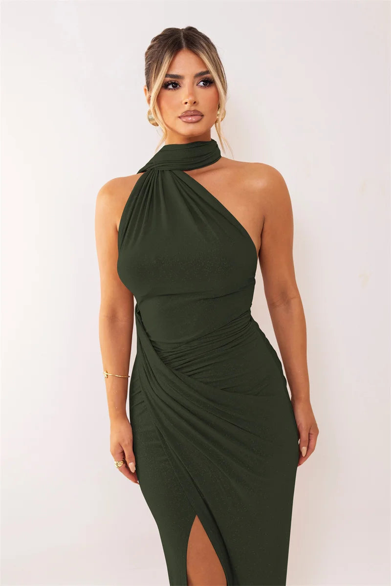 Mozision Halter Off-shoulder Sexy Maxi Dress Women Fashion Sleeveless Backless Ruched Split Club Party Bodycon Long Dresses