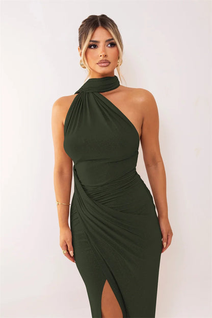 Mozision Halter Off-shoulder Sexy Maxi Dress Women Fashion Sleeveless Backless Ruched Split Club Party Bodycon Long Dresses