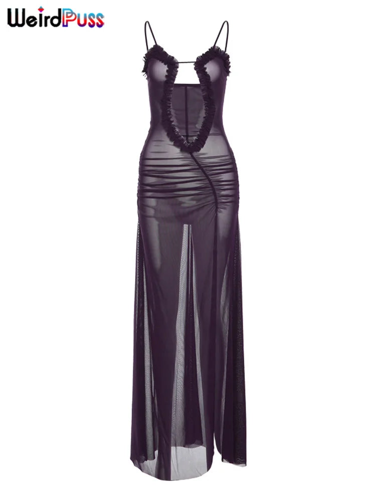 Weird Puss Side Split Women Dress Spaghetti Strap Halter Neck Edible Tree Fungus Hollow Out Sexy Evening Party Ladies Vestido