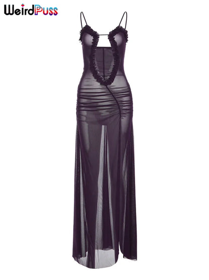 Weird Puss Side Split Women Dress Spaghetti Strap Halter Neck Edible Tree Fungus Hollow Out Sexy Evening Party Ladies Vestido