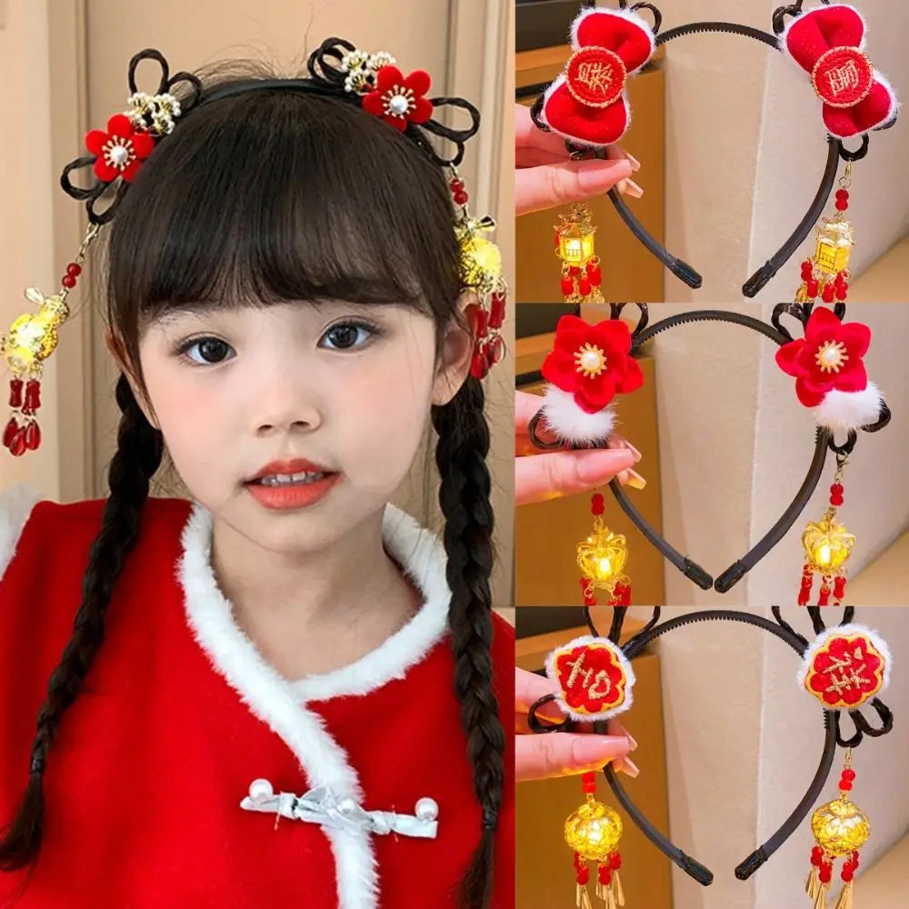 Glowing Hanfu Wig Headband Flower Tassel Chinese Style Luminous Lantern Headband Cute Red New Year Headdress New Year Dress Up