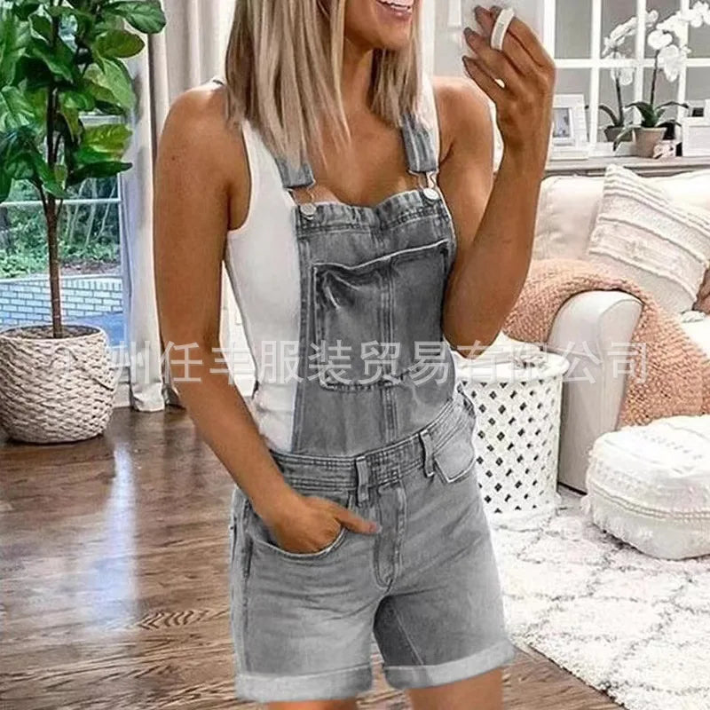 Women Rompers Jeans Jumpsuits One Piece Overalls Washing Denim Shorts Button Loose Casual Pockets Knee Length 2024 Summer grey