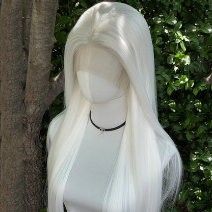 Elf Cosplay White 13x4 Lace Front Wigs for Women Synthetic 26 Inch Long Straight Free Part 150% Density Glueless Half Hand Tied
