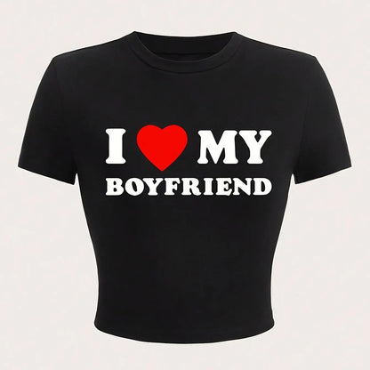 I Love My Boyfriend Print T-Shirt Casual Crew Neck Short Sleeve Crop Top for Summer Women's Clothing H2271-Black-luqi