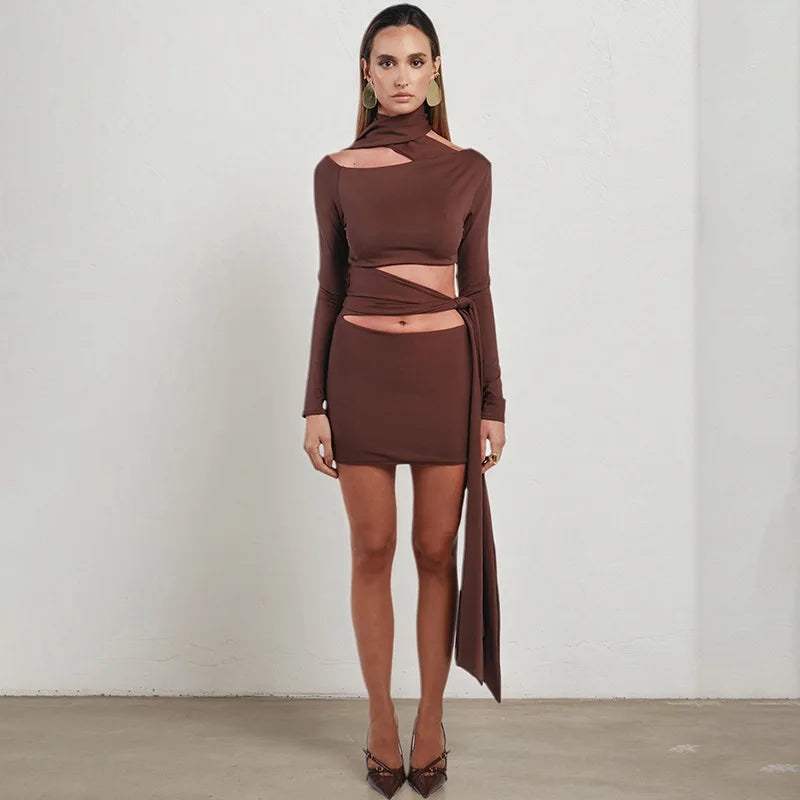 Nsauye Women New Fashion Halter Long Sleeve Mini Hollow Out Irregular Dress Outfits Elegant Sexy Night Club Lace Up Party Dress