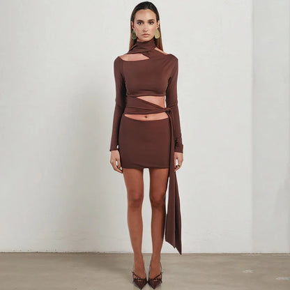 Nsauye Women New Fashion Halter Long Sleeve Mini Hollow Out Irregular Dress Outfits Elegant Sexy Night Club Lace Up Party Dress