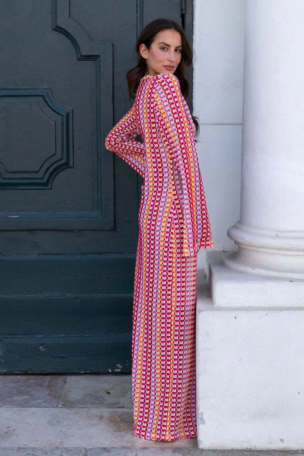 Crochet Colorful Stripe Flare Sleeve Maxi Dress Women V-neck High Split Sexy Lace Long Dresses 2024 New Beach Banquet Vestidos