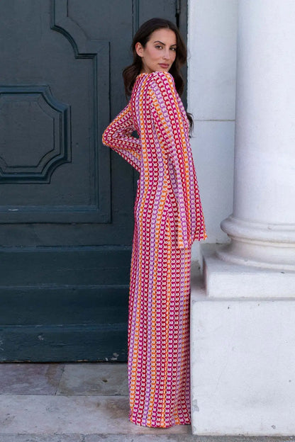 Crochet Colorful Stripe Flare Sleeve Maxi Dress Women V-neck High Split Sexy Lace Long Dresses 2024 New Beach Banquet Vestidos