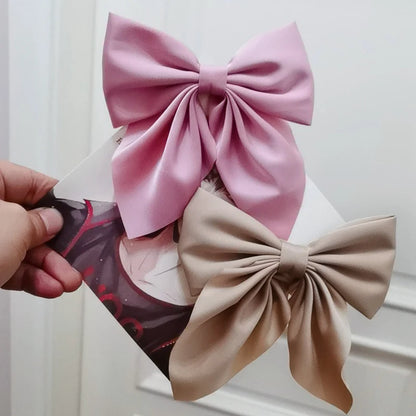 Solid Color Satin Bowknot Hair Clips For Girls Sweet Bow Women Hairpins Butterfly Barrettes Duckbill Clip Kids Hair Accessories 2pcs-Pink Khaki
