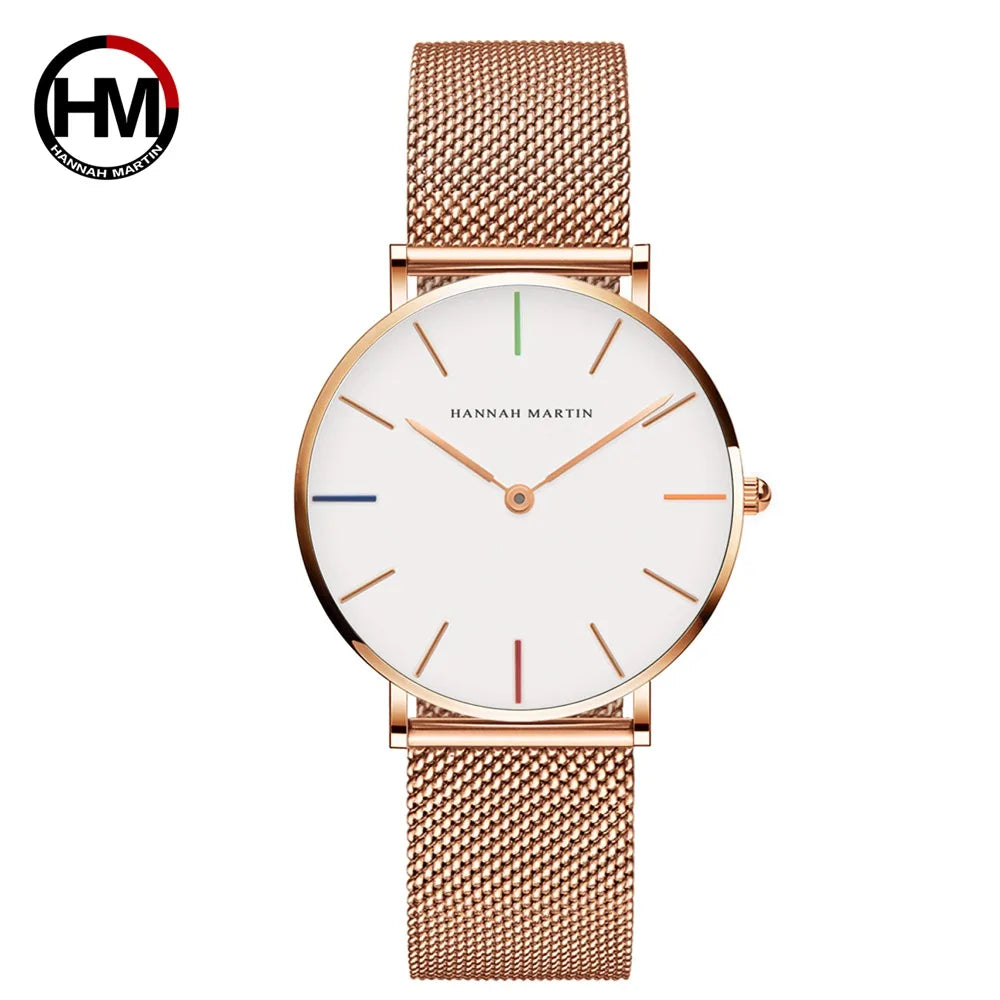 HANNAH MARTIN Brand Classic Women Quartz Watch 36mm Rose Gold Stainless Steel Mesh Strap Japanese Movement Girl Gift Wrist Watch 3690-B36-WFF