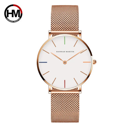 HANNAH MARTIN Brand Classic Women Quartz Watch 36mm Rose Gold Stainless Steel Mesh Strap Japanese Movement Girl Gift Wrist Watch 3690-B36-WFF