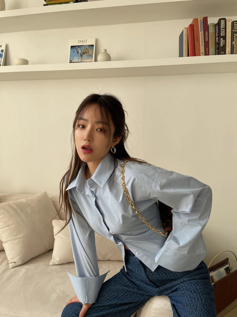 Gidyq Korean Bandage Shirt Women Fashion Backless Sexy Blouse Office Ladies Casual Slim Chic Turn Down Collar Long Sleeve Tops