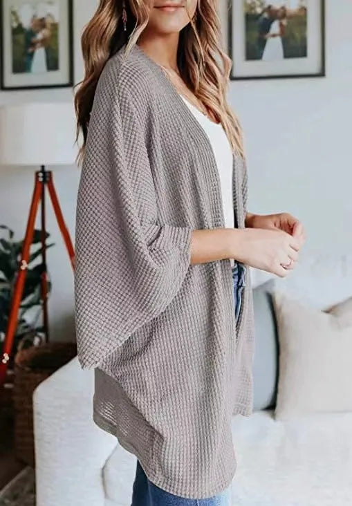 Oversized casual cardigan, women's plus size waffle knit cardigan with three-quarter length sleeves YD63 5