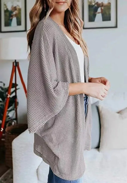Oversized casual cardigan, women's plus size waffle knit cardigan with three-quarter length sleeves YD63 5