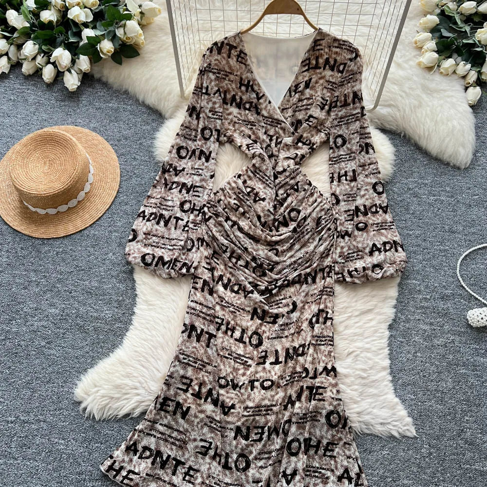 Chic vintage long sleeve Criss-Cross print pleated Elegant Fairy korean fashion dress women clothing Long dress