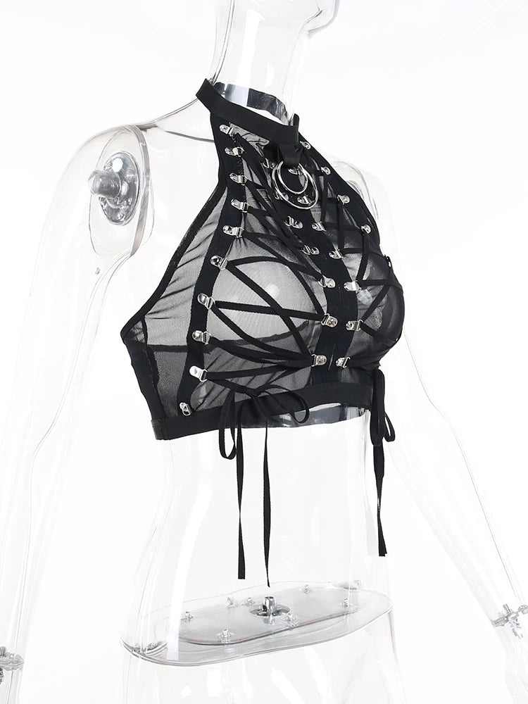 Gothic Punk Ring Halter Top Bodycon Lace Up Crop Bandage Tank Tops Y2k Mesh T Shirt Exotic Vest Sexy Hollow Out Backless Caims