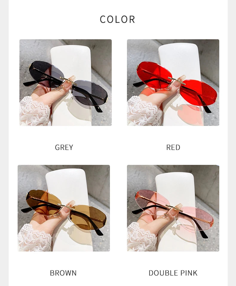Retro Frameless Oval Concave Design Y2k Personalized Sunglasses Trendy Uv Resistant Street Photography Sunglasses 90275