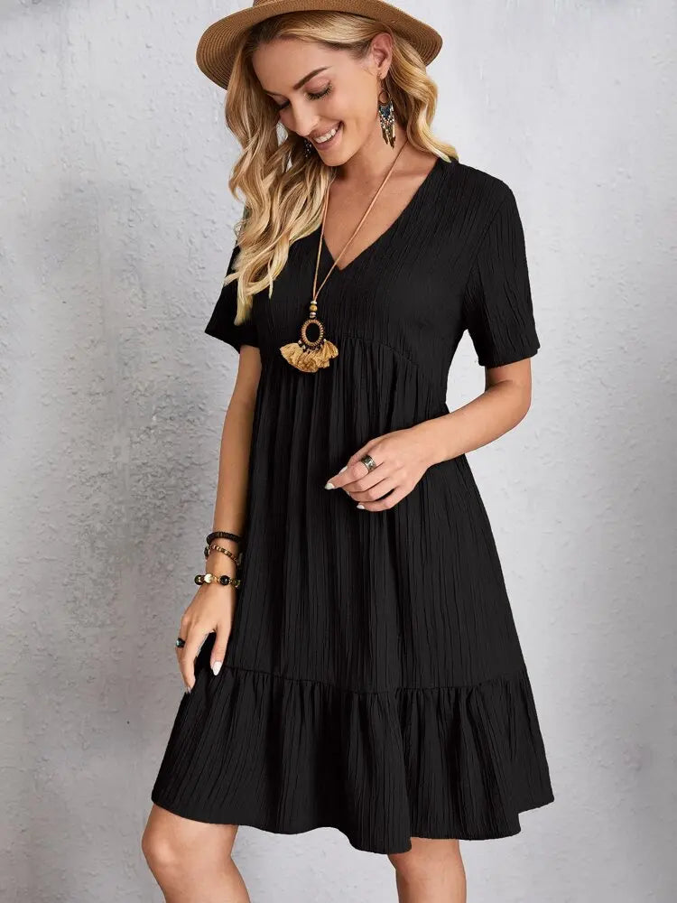 Women Elegant Short Sleeve V Neck Ruffles Dress Summer Casual Solid Loose Mini Dress Chic Bohemian Sundress Beach Party Vestidos Badiee Stylez