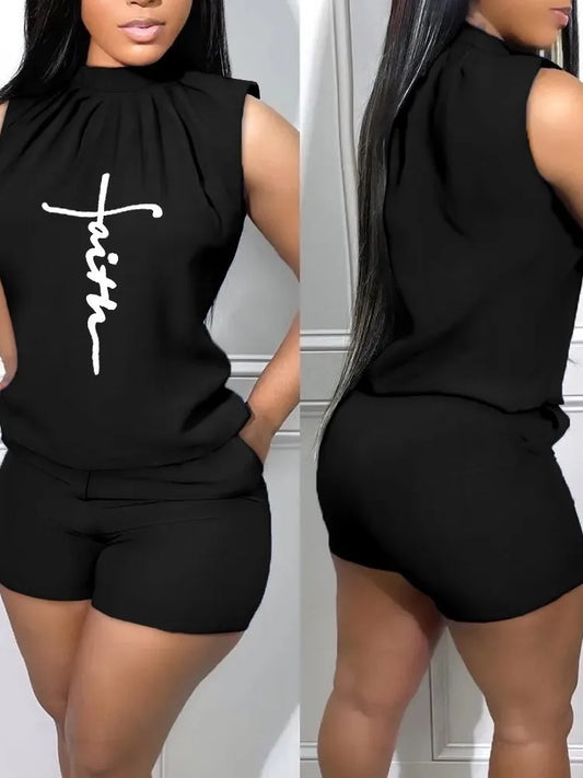 Summer New Street Trendy Women's Polyester Sexy Sleeveless Fashion Print Casual Round Neck 3/4 Shorts Sleeveless Comfortable Set