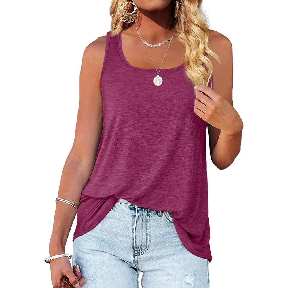 Womens Tank Tops U Neck Dolphin Hem Casual Flowy Summer Sleeveless Tunic Tshirts