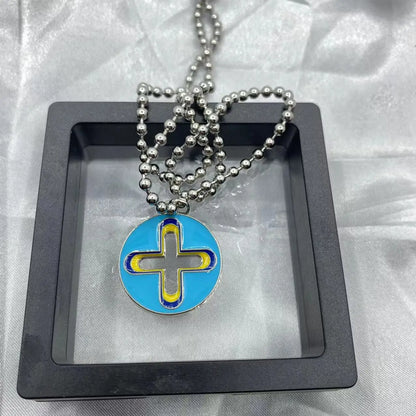 New Trendy Brand Cross Round Brand Dripping Oil Pendant Necklace Hip Hop Niche Design Personality Net Red Same Necklace new light blue