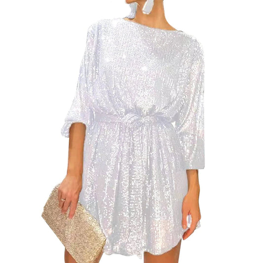 2024 New Fashion Women´s Autumn Sequin Party Dress, Sparkle Long Sleeve Round Neck Short Cocktail Dress with Belt Badiee Stylez