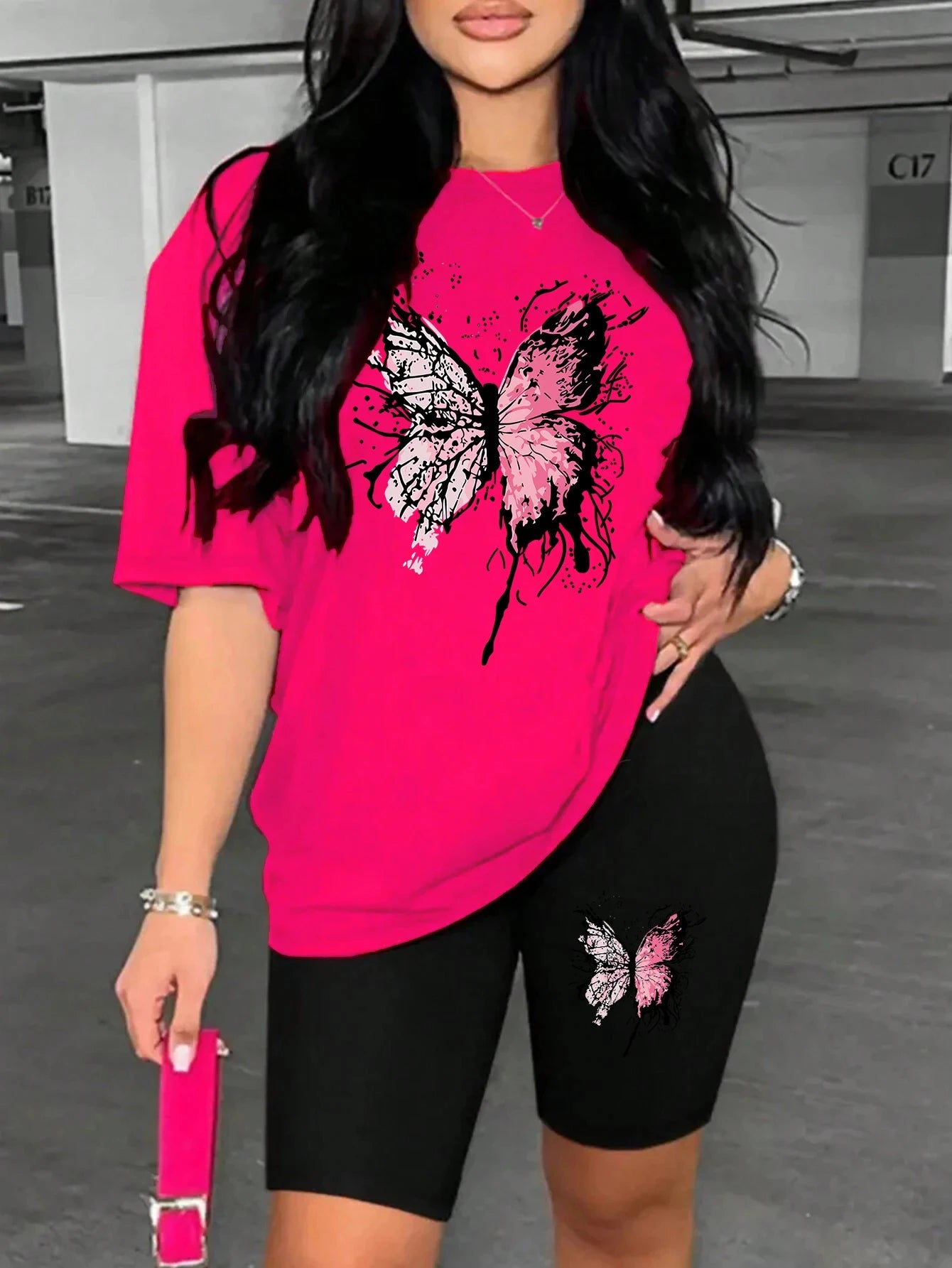 Beautiful Butterfly Pattern Print For Women Short Sleeved Shorts Set Soft Essential Two Piece Set Sports Comfortable Shorts Sets