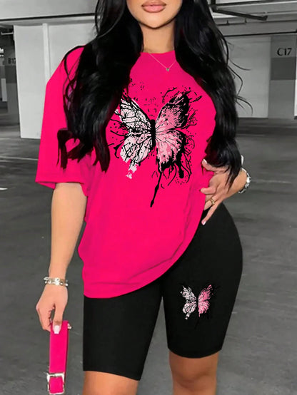 Beautiful Butterfly Pattern Print For Women Short Sleeved Shorts Set Soft Essential Two Piece Set Sports Comfortable Shorts Sets