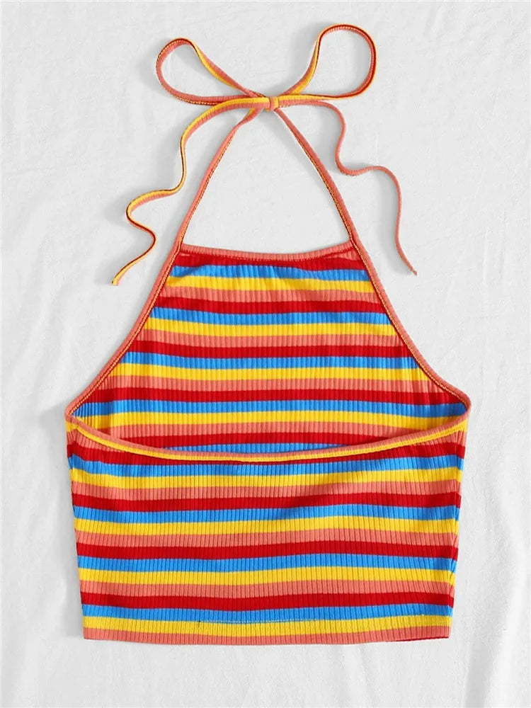 Rainbow Rib-knit Striped Halter Top Women Summer Y2K Clothes Sexy Korean Fashion Backless Sleeveless Crop Top Streetwear 2023