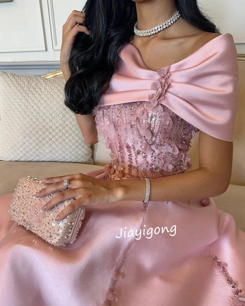 Customized Elegant Charmeuse Sequined Beading A-line Off-the-shoulder Midi Dresses Bespoke Occasion  Chinese Style Badiee Stylez