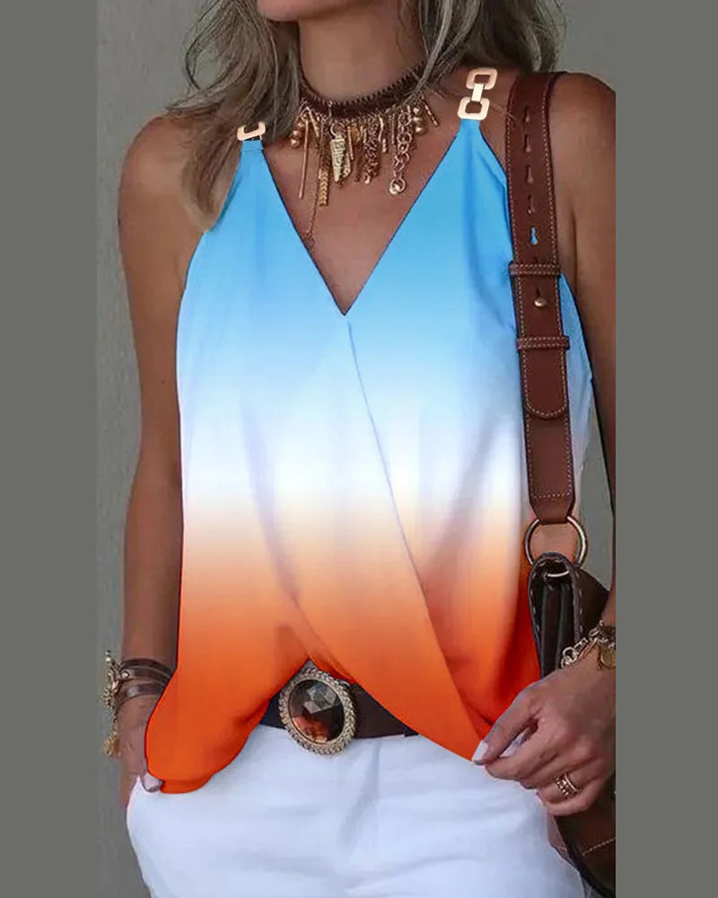 Elegant V-Neck Blouse for Women, Sexy Sleeveless Chain Print, Lady Casual Tops, White, Summer, 2024 SKY BLUE