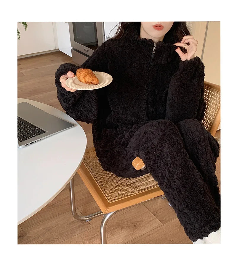 Large Size Flannel Pajamas Set Autumn Winter Female Sleepwear Trouser Suit Thicken Coral Fleece High Collar Lounge Wear Homewear