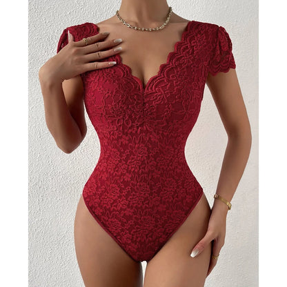 Womens Embroidery Floral Contrast Lace Teddy Bodysuit Sexy V Neck Backless Elegant Bodysuits Y2K Night Club Party Leotards Tops wine red bodysuits