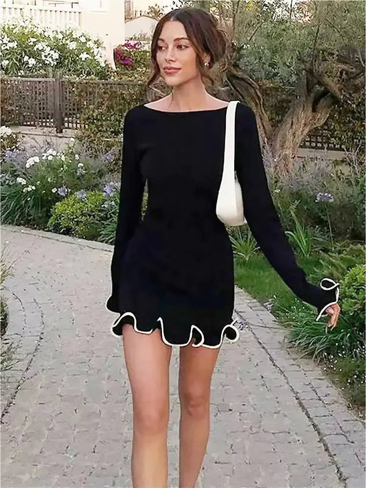 Fashionable women's sexy slim knit dress autumn high waisted party skirt wrapped hip ruffle edge short skirt Badiee Stylez