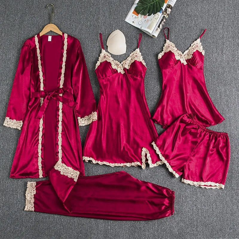 2025New Luxury Satin Pajama Set 5 Pcs Women's Silky Sleepwear Lace Trim Robe Nightgown Cami Shorts Pants Elegant Loungewear Hot claret