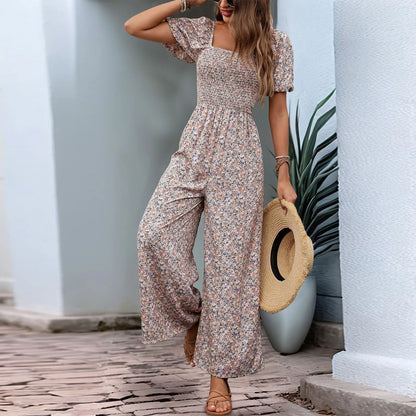 Bohemian Vacation Holiday Jumpsuit Women Pleated Wide Leg Rompers Chiffon Print Ethnic Playsuit Summer Casual Jumpsuits Badiee Stylez
